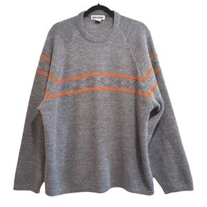 VTG! Badge Crew Neck Sweater‎ Gray Knit Orange Retro Stripe Diamond Mens XL 90s